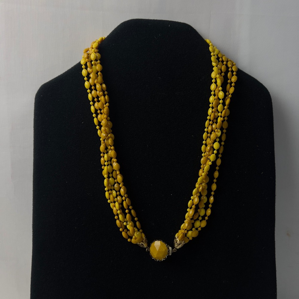Vintage Yellow Multi Strand Beaded Necklace Gold Tone Filigree Clasp 23 Inch